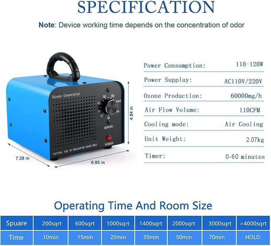 TOOSOAR Ozone Generator 60,000mg/h, Air Purifier with Timer, Home Deodorizer, Portable Ozone Device for Industrial, Hotel, Office, Home, Garage