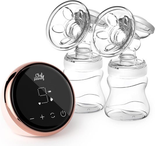 chefhandy Electric Breast Pump, Portable Pump with 2 Modes 9 Levels, Double 24mm 27mm Massage Flanges, Strong Suction hands free come 4 Breastmilk Storage Bags, pink, 1 Count