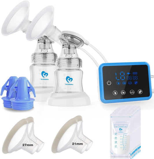Bellababy Electric Double Breast Pump Portable 4 Modes & 9 Levels Efficient Suction, Touch Control LED Timer Display Rechargeable Double Pumps, Newly Upgraded Comes with 21mm, 24mm, 27mm Flanges