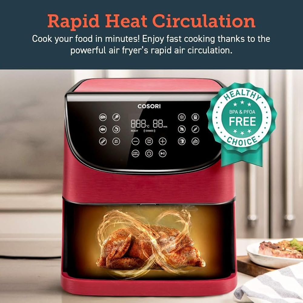 COSORI Air Fryer 1700W With 100 Recipes Cookbook, 5.5L Oil Free For Home Use, 11 Presets, Preheat & Shake Reminder, Led Onetouch Screen, Timer & Temperature Control, Nonstick Basket, CP158 Red