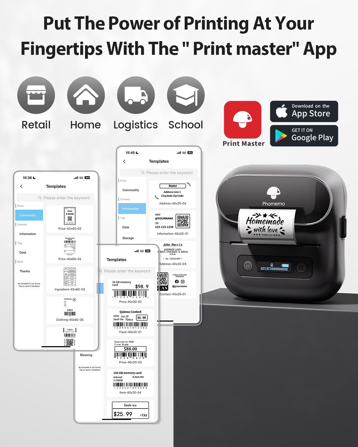 Phomemo M220 Label Maker, 3 Inch Label Printer - Sticker, Barcode for Clothing, Mailing, Small Business, Compatible with Phone, PC, Bluetooth Thermal Printer, Support Many Language