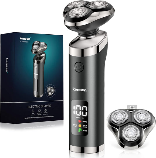 kensen Electric Shavers for Men, Electric Razor for Shaving Face, Mens Rotary Shaver Rechargeable Razor for Men, Waterproof Wet & Dry LED Display Cordless Rotary Shaver with Extra Replacement Blade