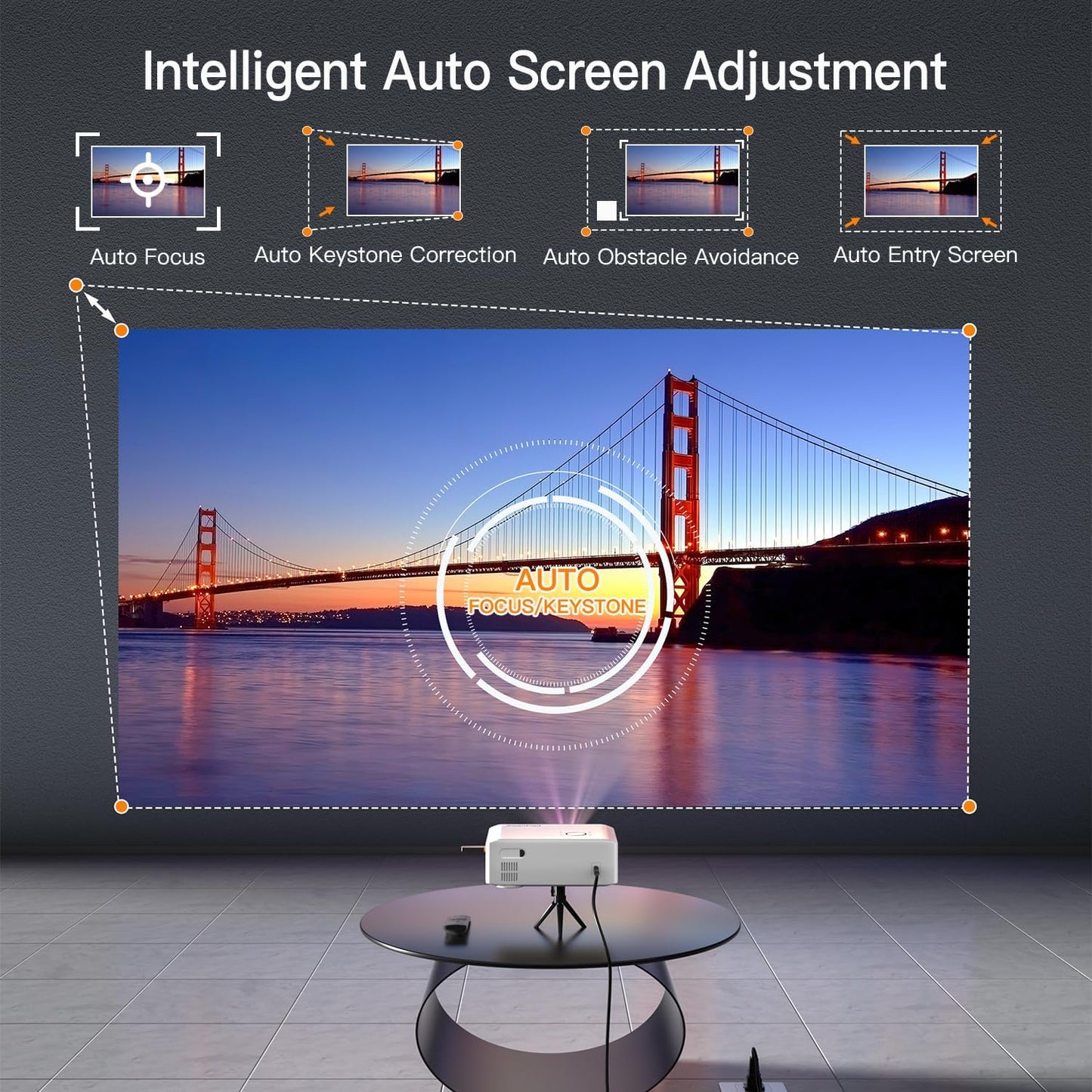 XuanPad Projector AI Auto Focus 26000L Native 1080P Smart Portable Projector 4K Supported Outdoor Home Cinema with Tripod for iOS Android TV Stick(open Box)