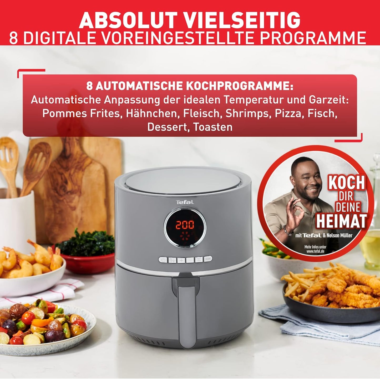 Tefal Ultra Fry Digital Air Fryer, 4.2 Liters, 8 Programs, Charcoal Grey - EY111B15
