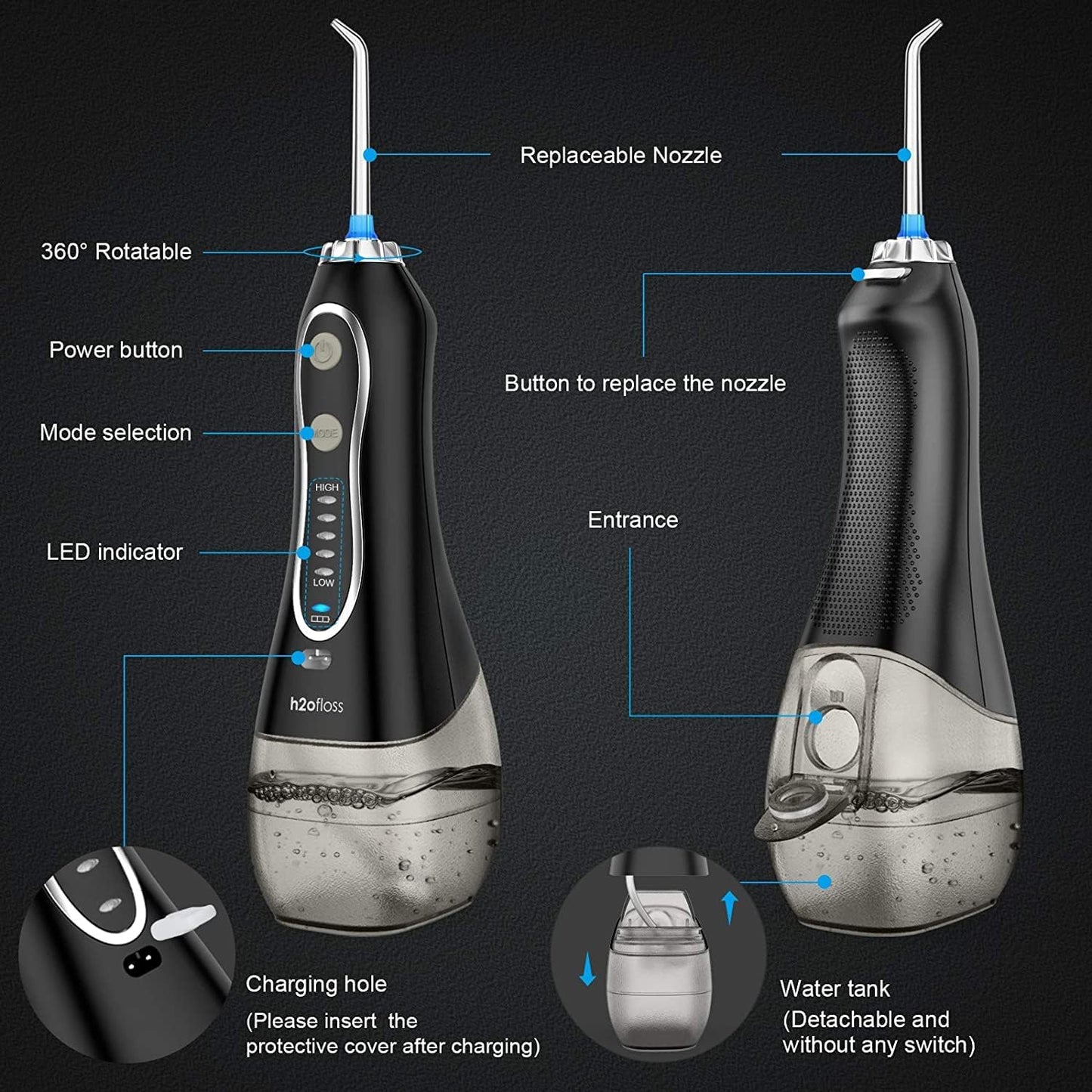 H2ofloss Cordless Oral Irrigator - 5 Modes, 300ml, Black